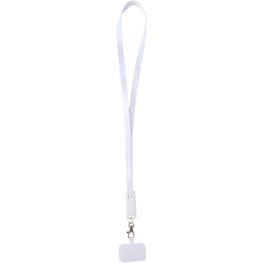 Logotrade Logogeschenke das Foto: Franz 5 in 1 Lanyard Kabel aus recyceltem Kunststoff für Smartphones mit integrierter Datensynchronisierung und 65 W Schnellladefunktion