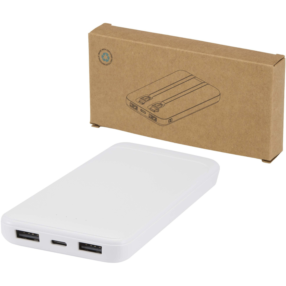 Logotrade werbemittel das Foto: Adhil 10 W 10.000 mAh Powerbank aus recyceltem Kunststoff mit 2 integrierten Kabeln
