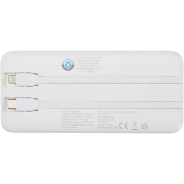 Logotrade Logogeschenke das Foto: Adhil 10 W 10.000 mAh Powerbank aus recyceltem Kunststoff mit 2 integrierten Kabeln