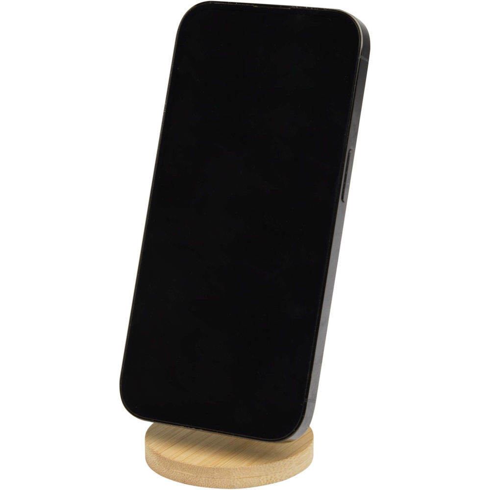 Logotrade Firmengeschenke das Foto: Alcor Klappbare magnetische Smartphonehalterung aus recyceltem Kunststoff mit Bambusdetails