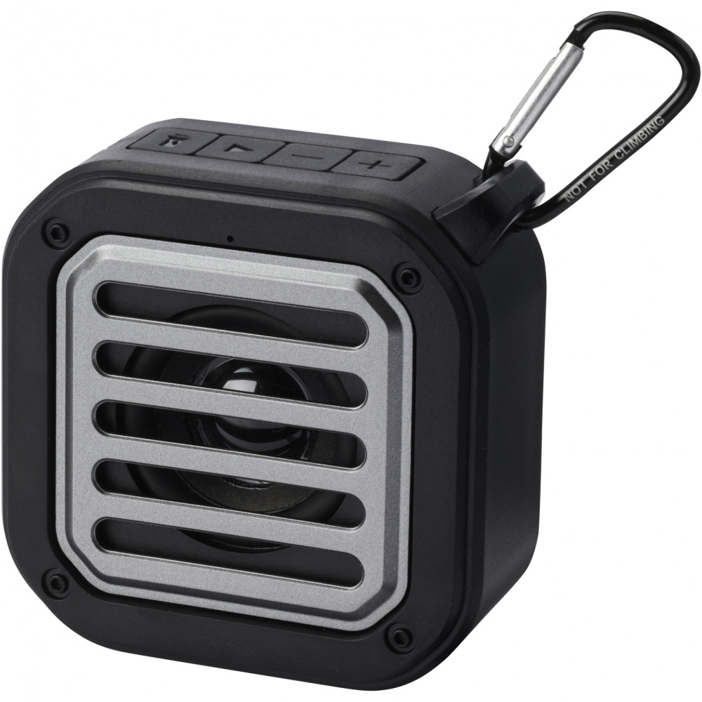 Logo trade promotional merchandise photo of: Solo 3W IPX5 RCS recycled plastic solar Bluetooth® speaker with carabiner 