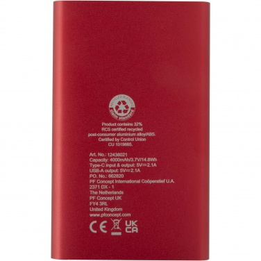 Logo trade promotional giveaways image of: Pep 4000 mAh Type-C recycled aluminium power bank 
