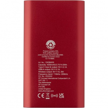 Logotrade corporate gift image of: Juice 4000 mAh Type-C recycled aluminium wireless power bank 
