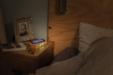 Logotrade promotional giveaway image of: Bamboo alarm clock with 5W wireless charger