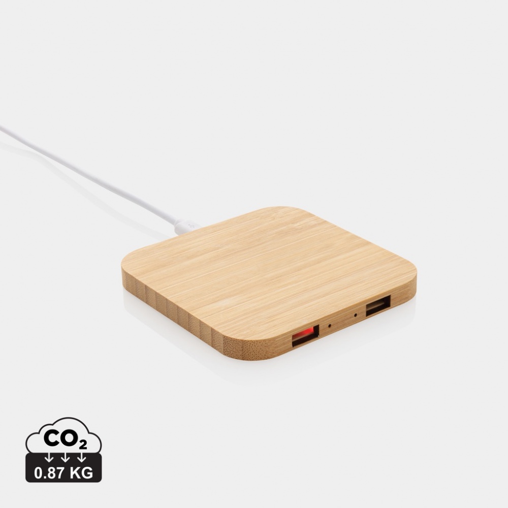 Logo trade promotional merchandise image of: Bamboo 10W wireless charger with USB
