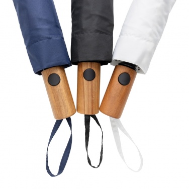 Logo trade business gifts image of: Kaycey 21" AWARE™ RPET Acacia wood mini auto open umbrella
