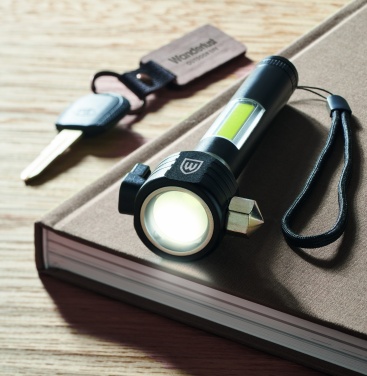 Logotrade advertising products photo of: 3-in-1 aluminum flashlight with an emergency hammer and seatbelt cutter, customizable with printing