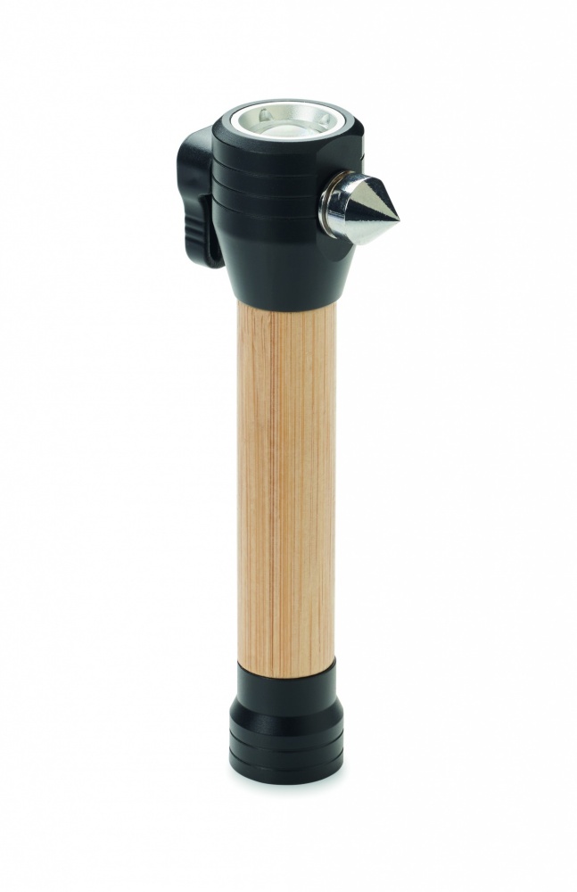 Logo trade promotional merchandise image of: 3-in-1 bamboo flashlight with an emergency hammer and seatbelt cutter