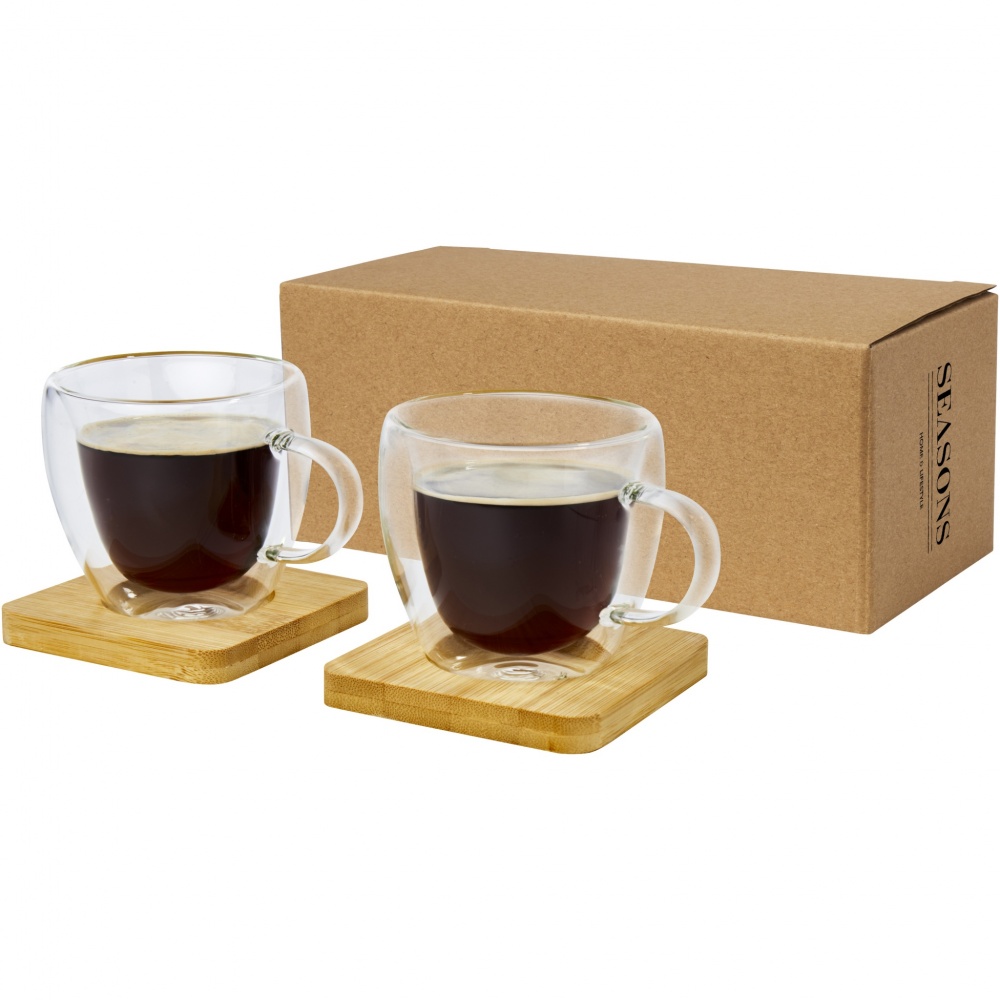 Logo trade meene pilt: Manti 2-osaline 100 ml topeltseinaga klaasist tass bambusest alusega 