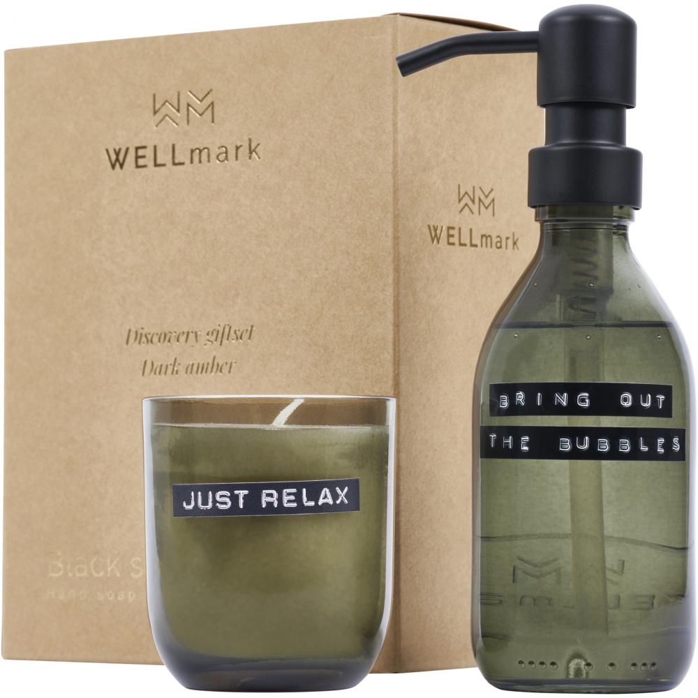 Logo trade mainoslahjat ja liikelahjat kuva: Wellmark Discovery 200 ml:n käsisaippua-annostelija ja 150 g tuoksukynttiläsetti – tumman meripihkan tuoksu