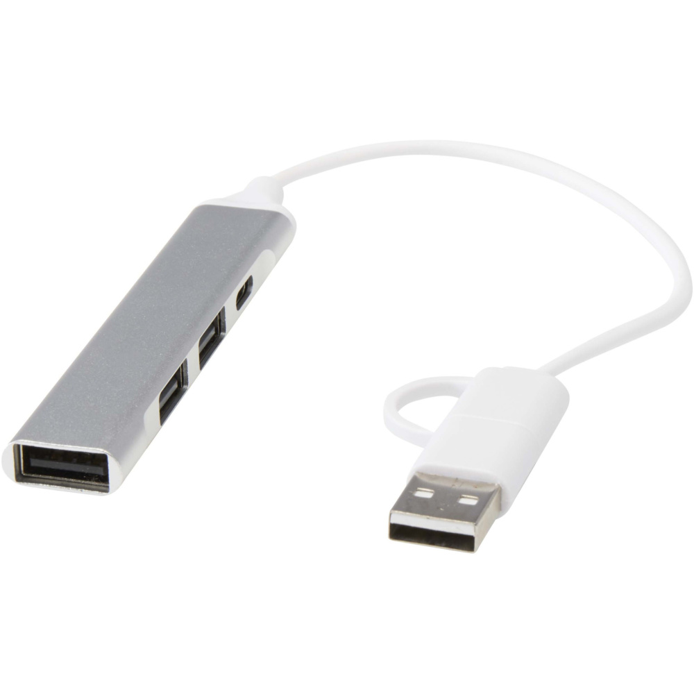 Logotrade mainostuote tuotekuva: Alkaid 4-porttinen kierrätetystä alumiinista valmistettu USB-A- ja Type-C-keskitin, jossa kaksi sisääntuloa