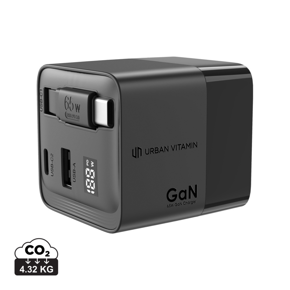 Logotrade kampanjprodukter bild: Urban Vitamin Mendocino 65W GaN-laddare med utdragbar kabel