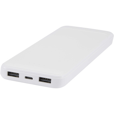 Logotrade profilreklam bild: Adhil 10 000 mAh 10 W powerbank av återvunnen plast med två inbyggda kablar